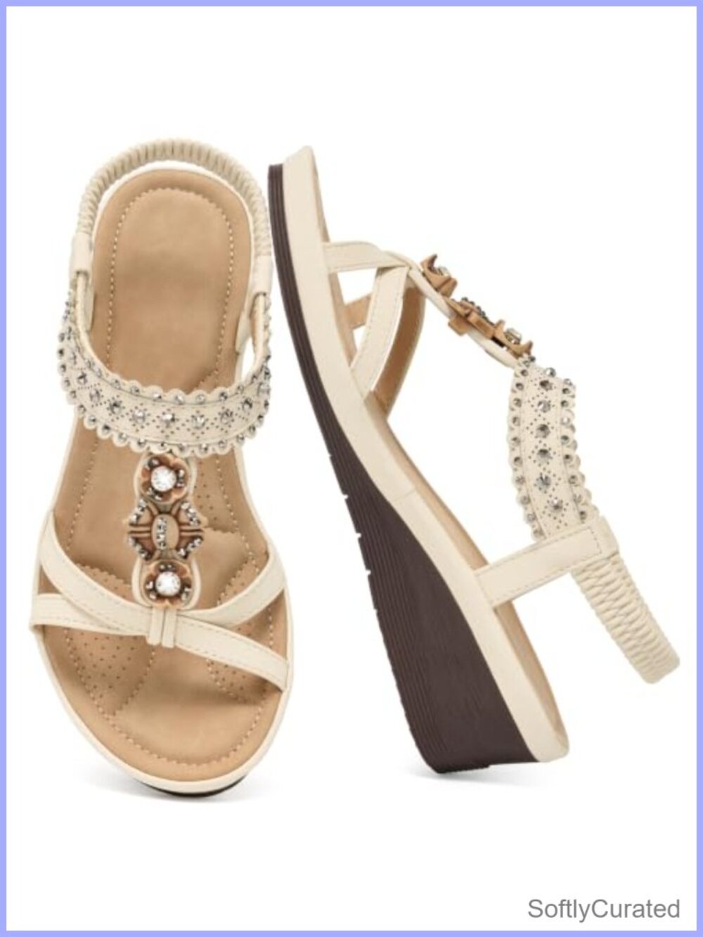 Wedge Sandals Faux Leather Rhinestone Ankle Strap Slip On Summer Women Shoes
